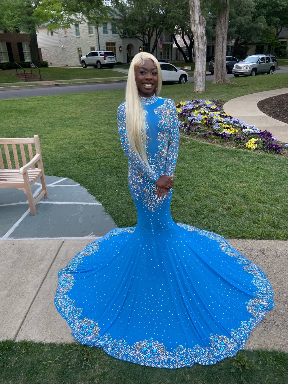 Blue Crystal-Embellished Mermaid Prom Dress original box, one size fits most